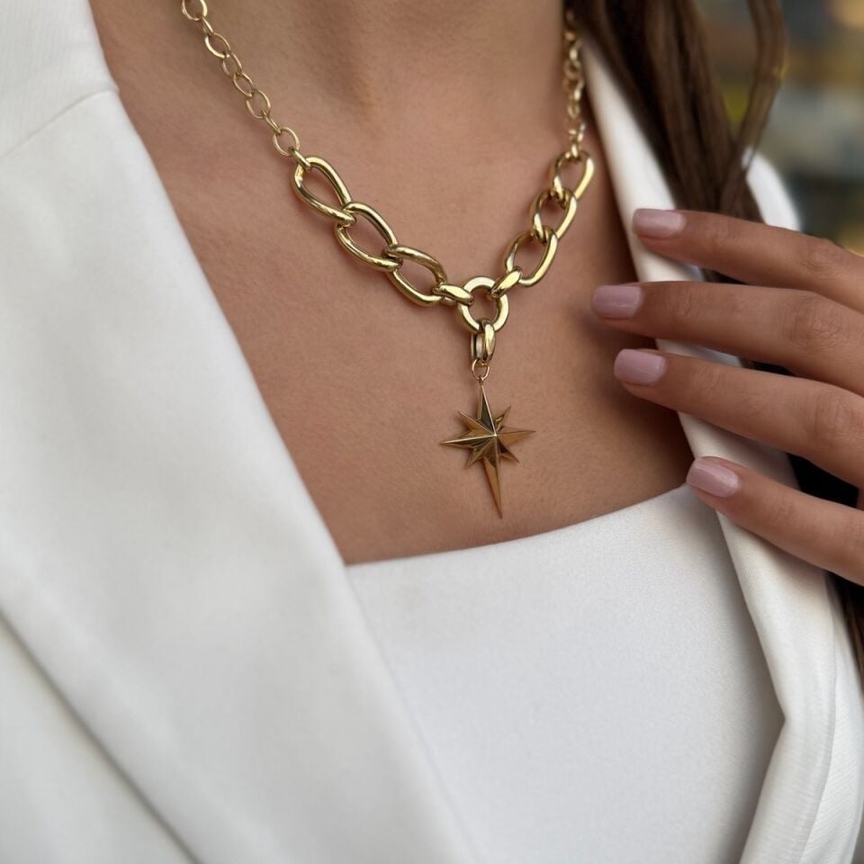 14 AYAR ÖZEL TASARIM ZİNCİRLİ KUTUP YILDIZI ALTIN KOLYE