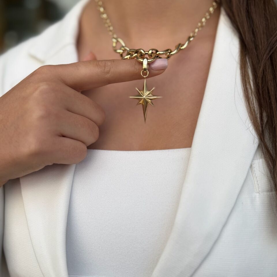 14 AYAR ÖZEL TASARIM ZİNCİRLİ KUTUP YILDIZI ALTIN KOLYE