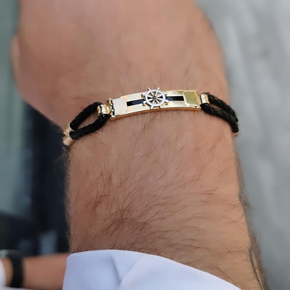 14 Ayar Özel Tasarım Denizci Dümen Kenarı Siyah Deri Altın Bileklik