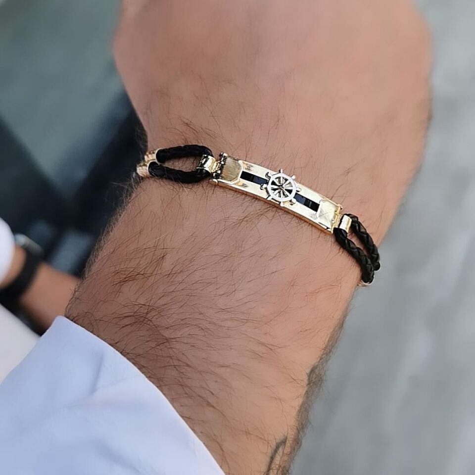 14 Ayar Özel Tasarım Denizci Dümen Kenarı Siyah Deri Altın Bileklik
