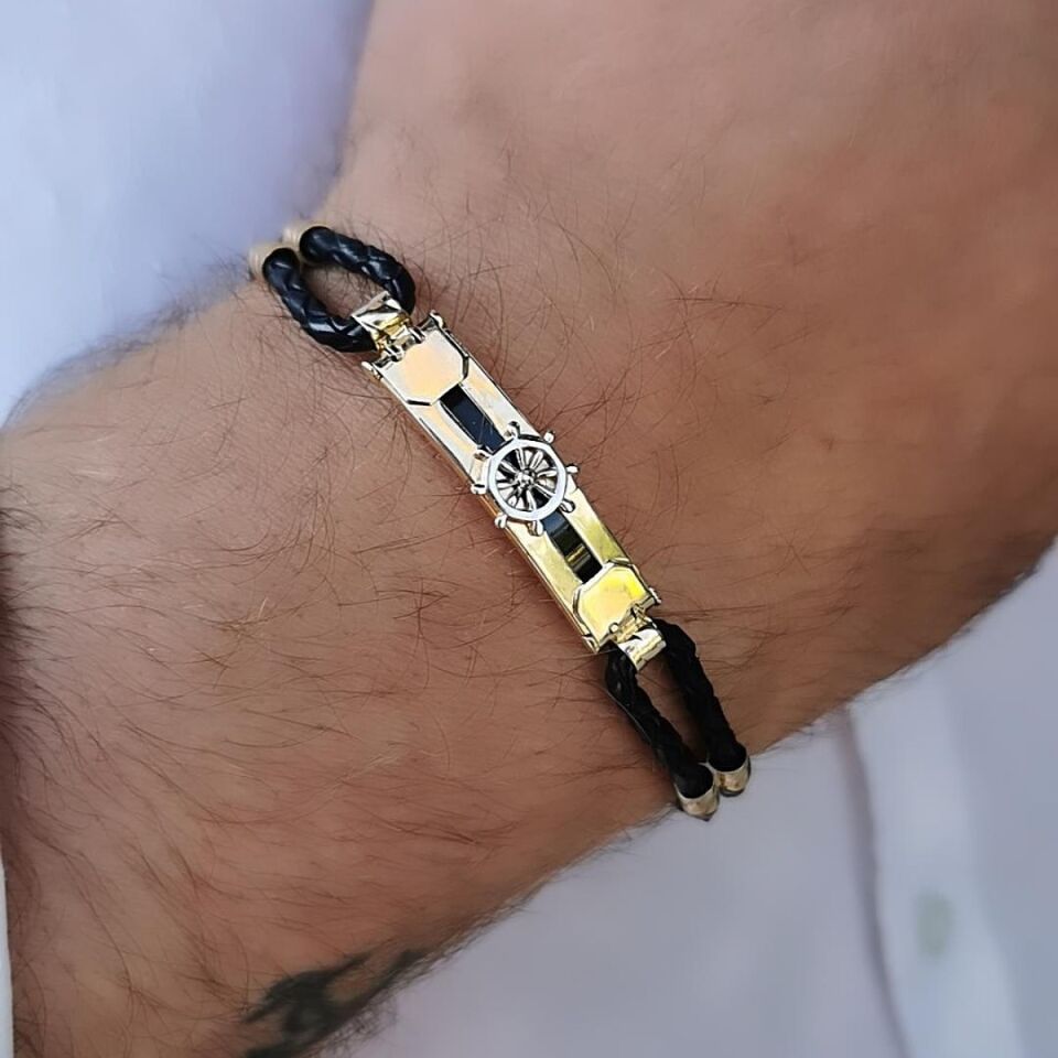 14 Ayar Özel Tasarım Denizci Dümen Kenarı Siyah Deri Altın Bileklik