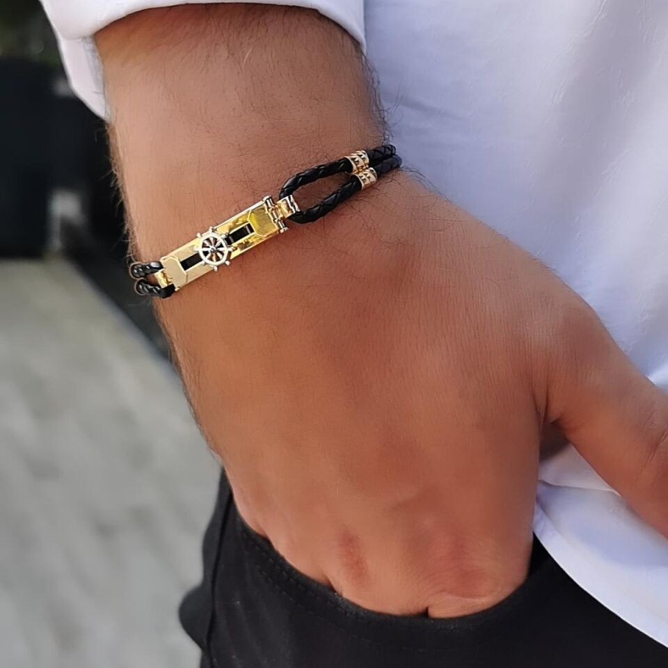 14 Ayar Özel Tasarım Denizci Dümen Kenarı Siyah Deri Altın Bileklik