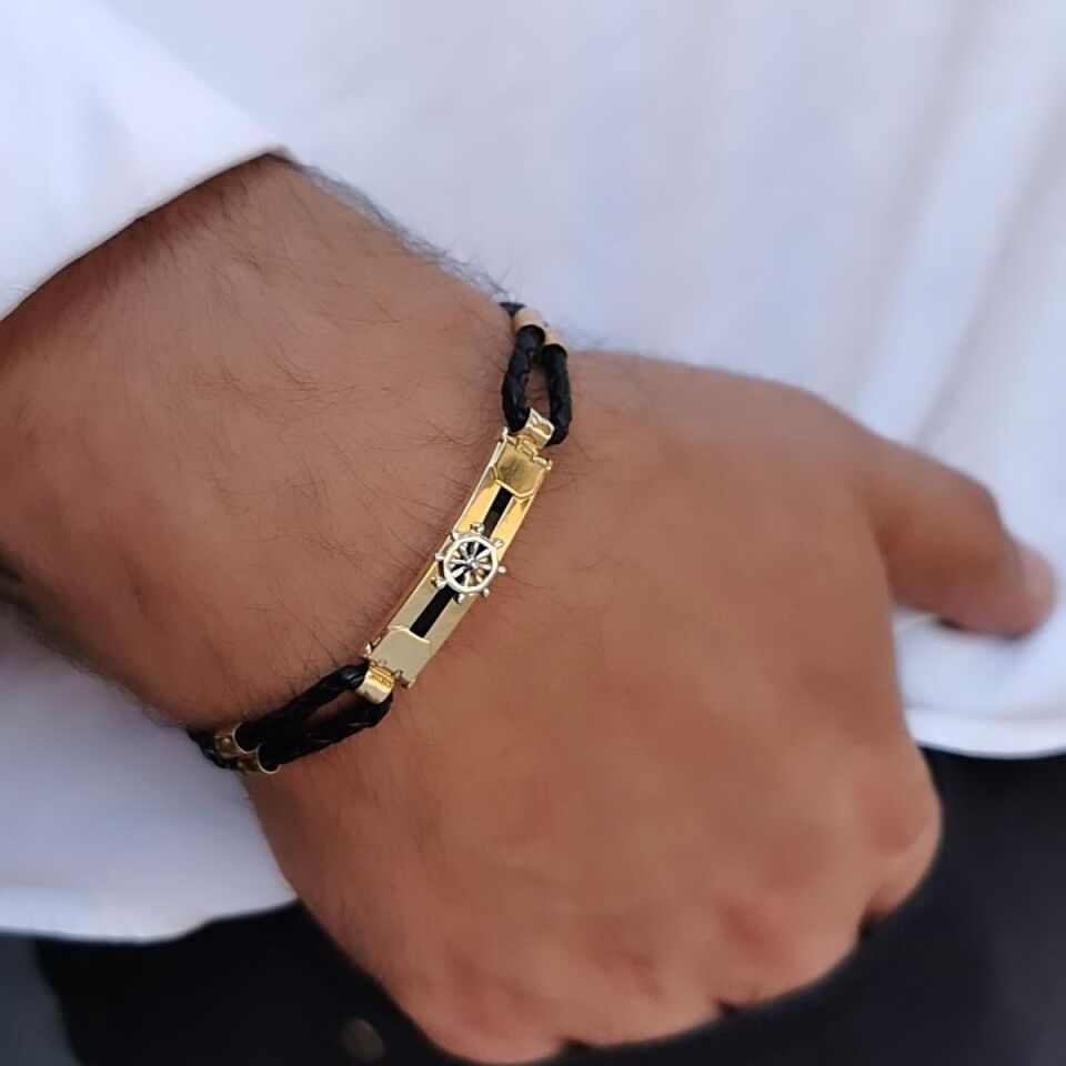 14 Ayar Özel Tasarım Denizci Dümen Kenarı Siyah Deri Altın Bileklik