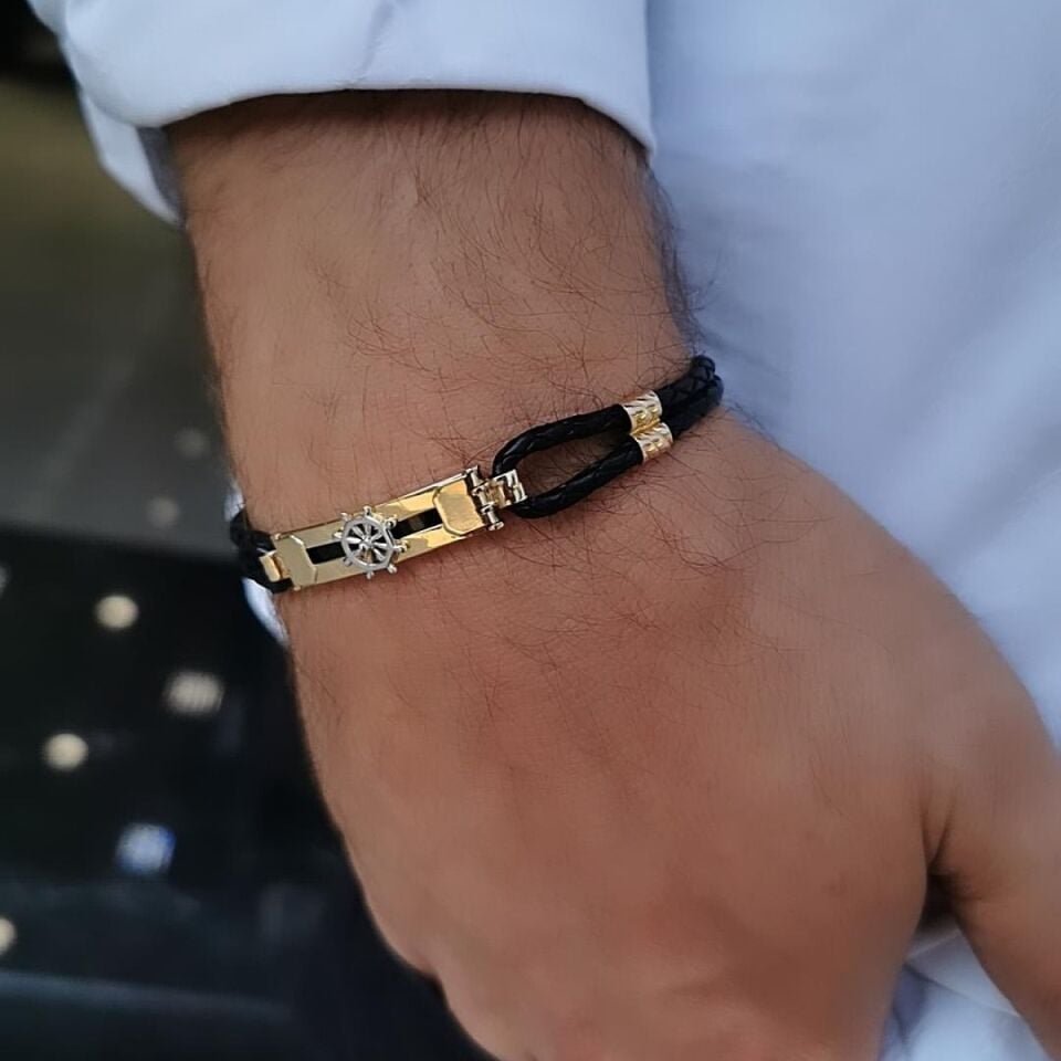 14 Ayar Özel Tasarım Denizci Dümen Kenarı Siyah Deri Altın Bileklik