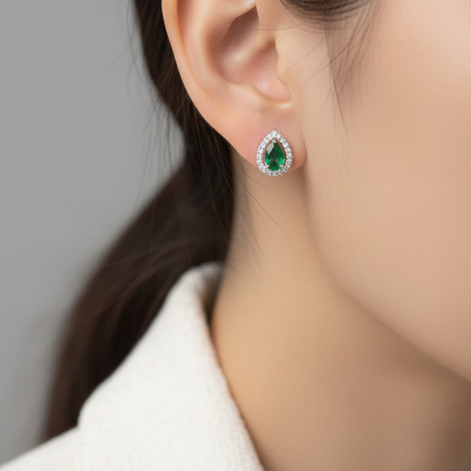 925 AYAR YEŞİL DAMLA TAŞLI GÜMÜŞ KÜPE