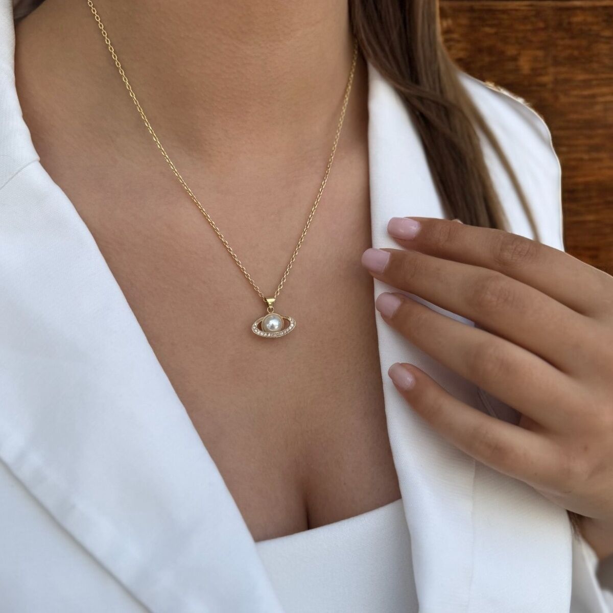 14 Ayar El Yapımı Özel Tasarım Venüs Gezegen Incili Altın Kolye