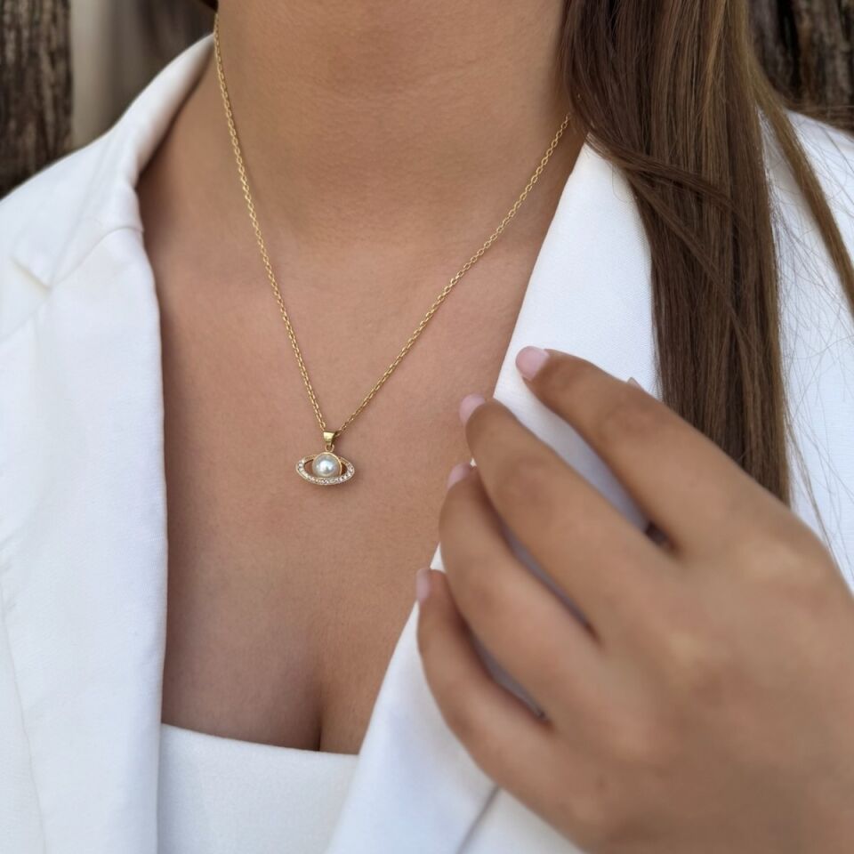 14 Ayar El Yapımı Özel Tasarım Venüs Gezegen Incili Altın Kolye