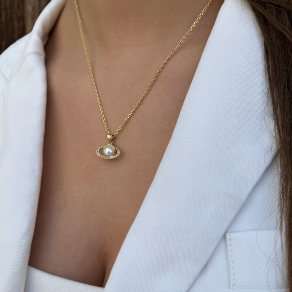 14 Ayar El Yapımı Özel Tasarım Venüs Gezegen Incili Altın Kolye