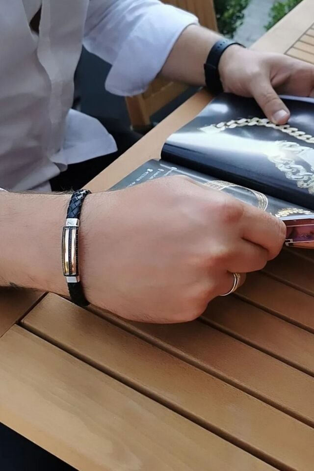 14 Ayar Özel Tasarım Rose Ve Beyaz Altından Oluşan Deri Bileklik