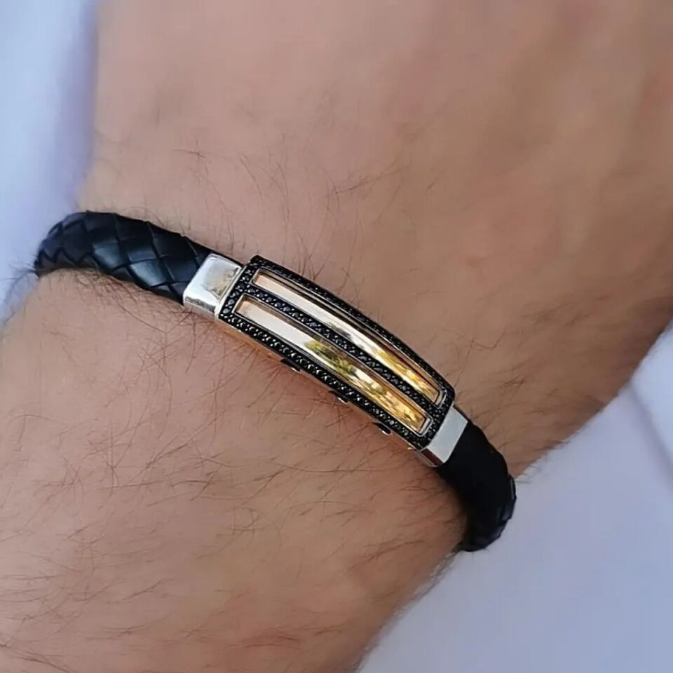 14 Ayar Özel Tasarım Rose Ve Beyaz Altından Oluşan Deri Bileklik