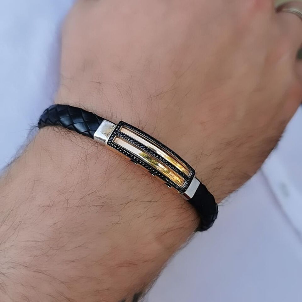 14 Ayar Özel Tasarım Rose Ve Beyaz Altından Oluşan Deri Bileklik