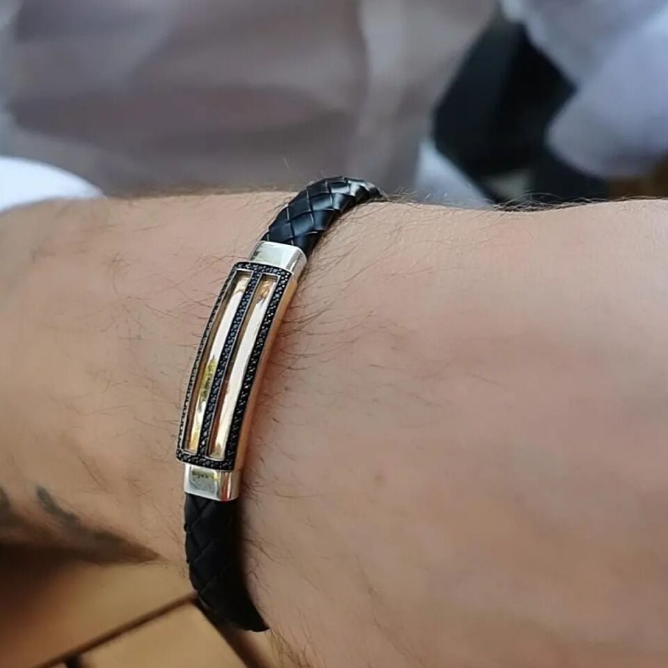 14 Ayar Özel Tasarım Rose Ve Beyaz Altından Oluşan Deri Bileklik