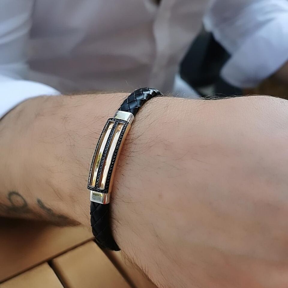 14 Ayar Özel Tasarım Rose Ve Beyaz Altından Oluşan Deri Bileklik