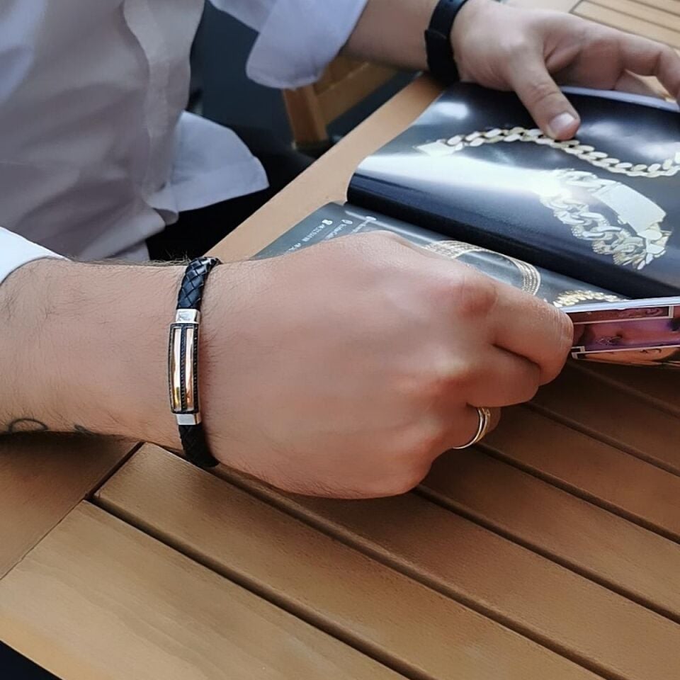 14 Ayar Özel Tasarım Rose Ve Beyaz Altından Oluşan Deri Bileklik