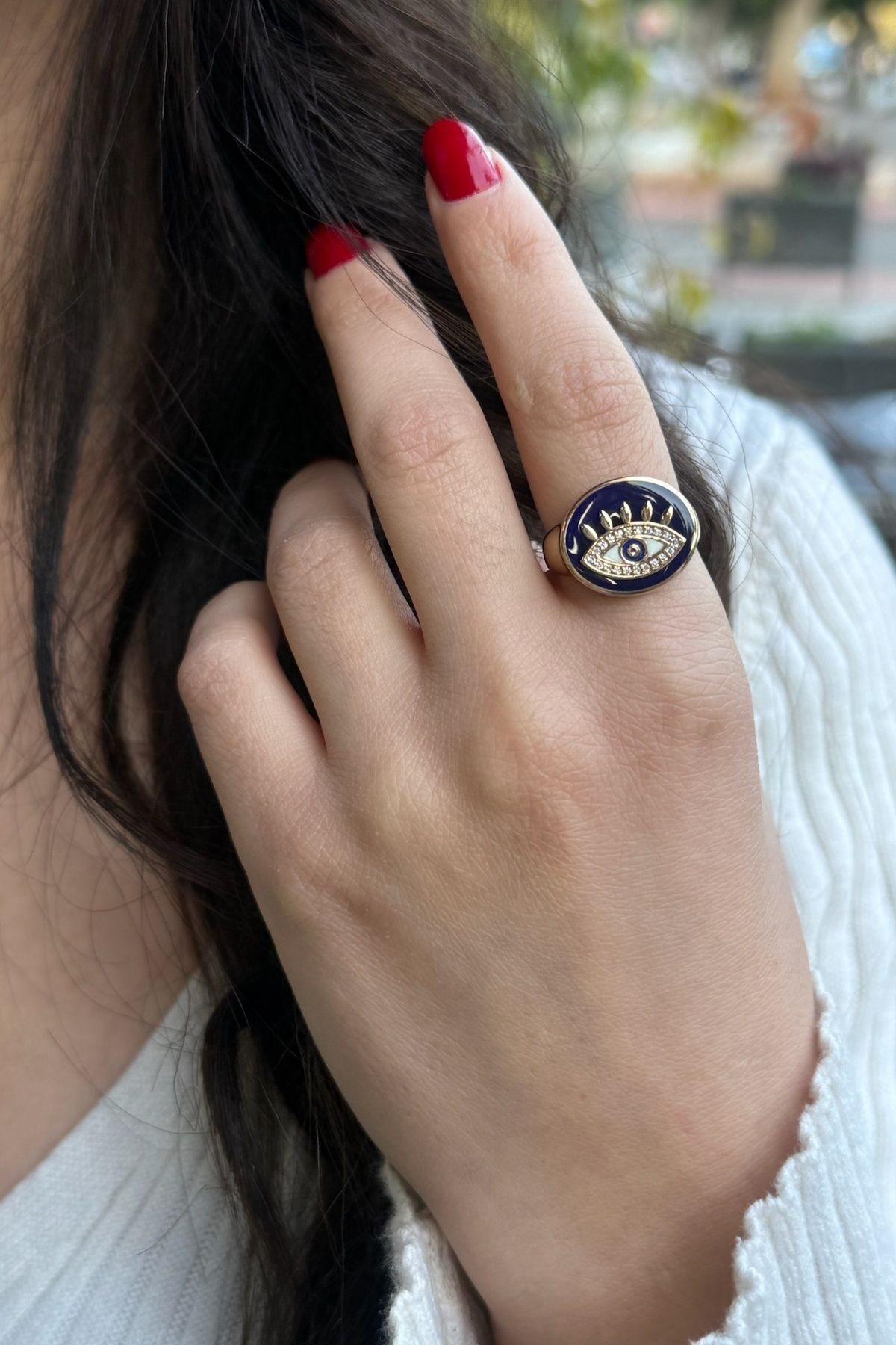 14 AYAR LACİVERT MİNELİ GÖZ TASARIM OVAL ALTIN YÜZÜK