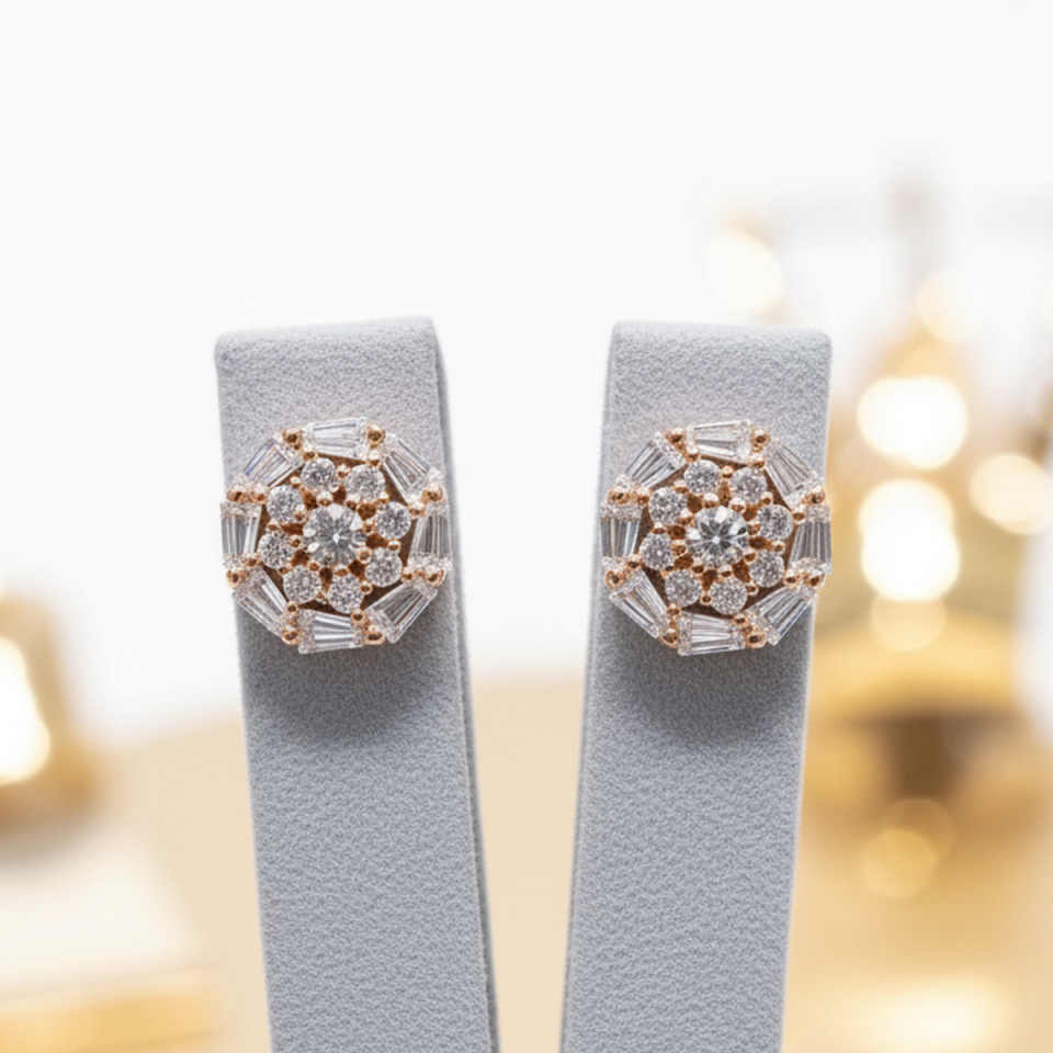 925 AYAR BAGET TAŞLI ROSE RENGİ GÜMÜŞ KÜPE