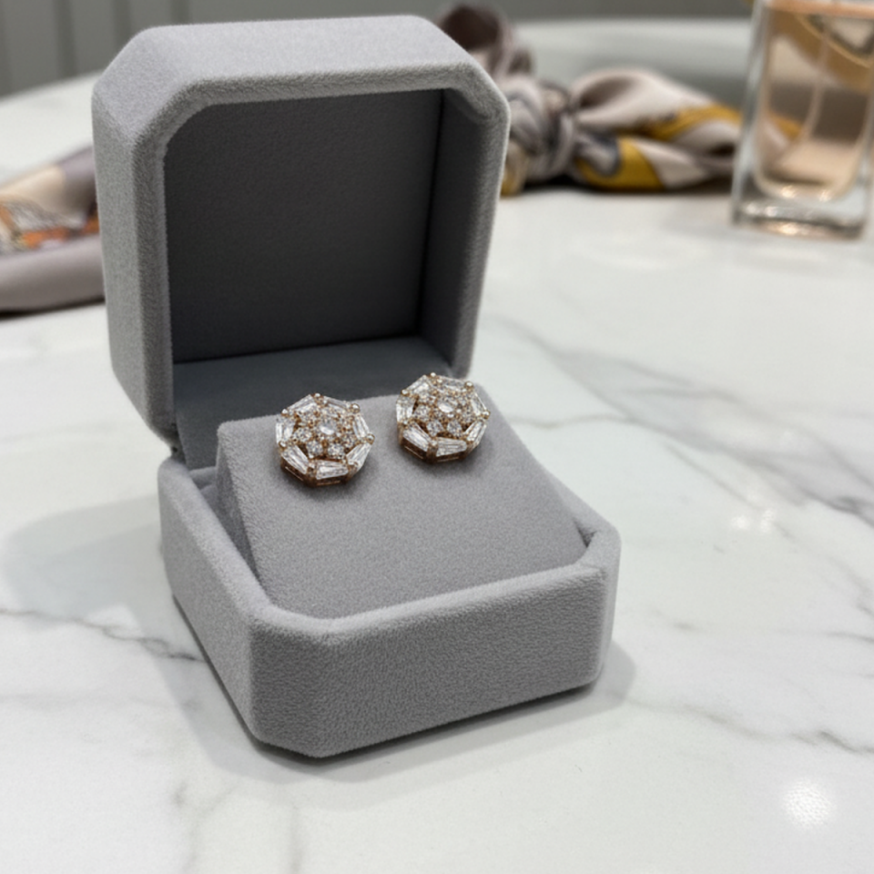 925 AYAR BAGET TAŞLI ROSE RENGİ GÜMÜŞ KÜPE