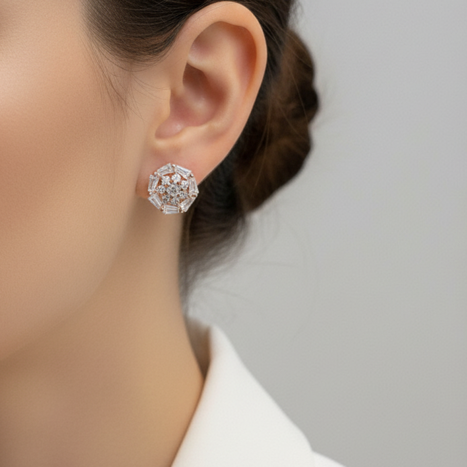 925 AYAR BAGET TAŞLI ROSE RENGİ GÜMÜŞ KÜPE