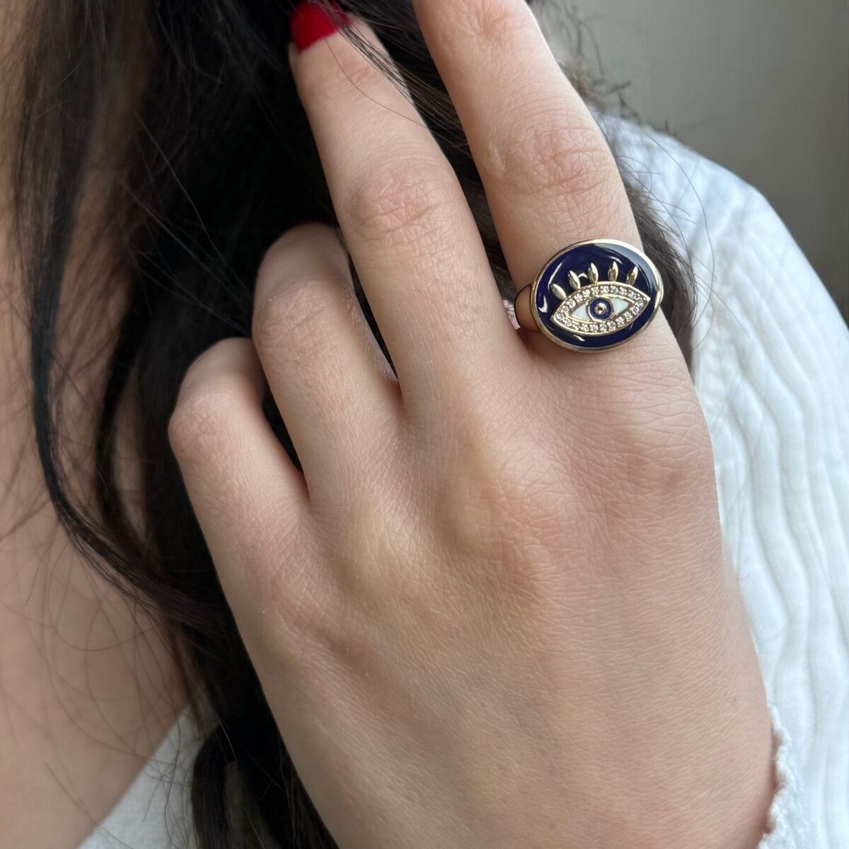 14 AYAR LACİVERT MİNELİ GÖZ TASARIM OVAL ALTIN YÜZÜK