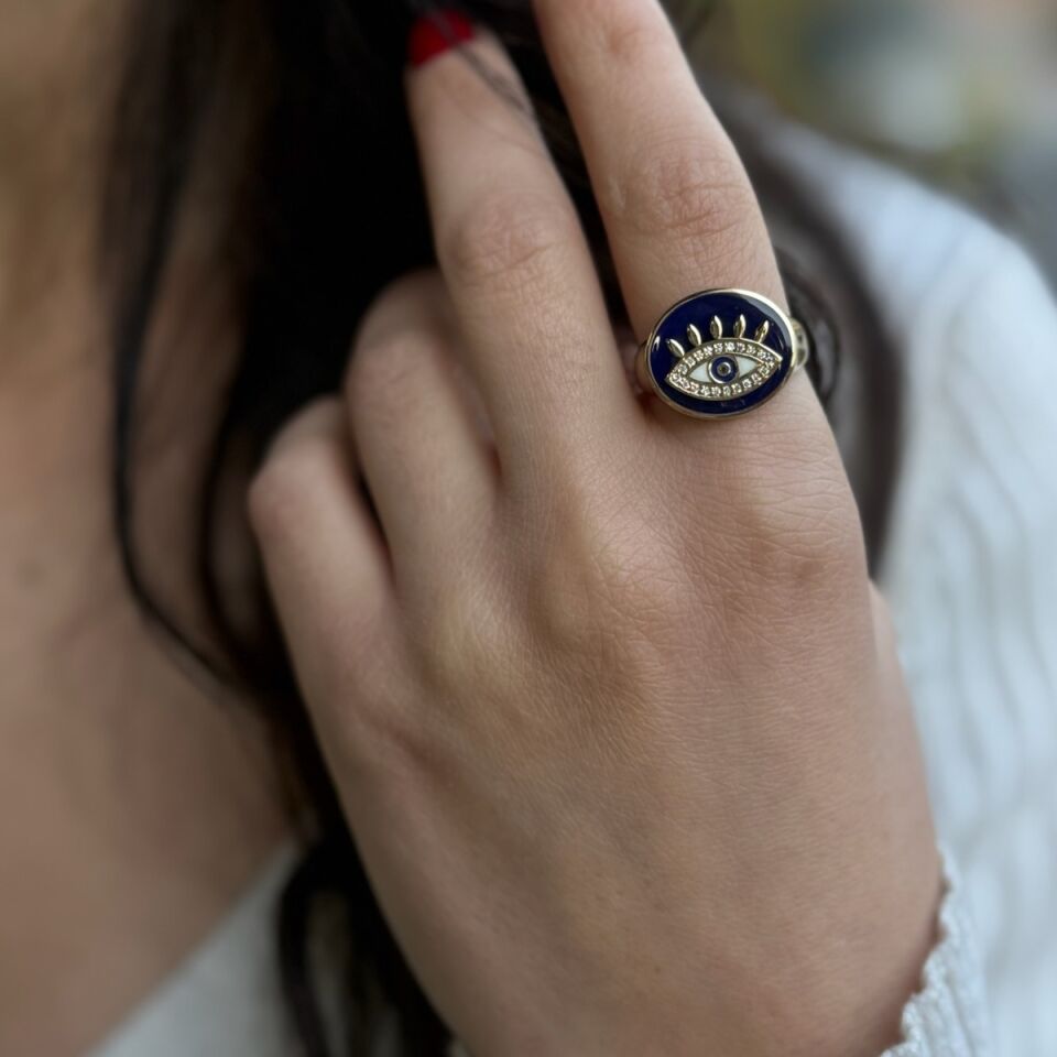 14 AYAR LACİVERT MİNELİ GÖZ TASARIM OVAL ALTIN YÜZÜK