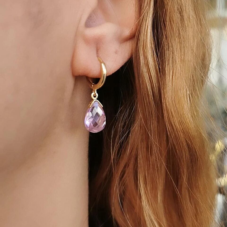 14 AYAR PİNK KUVARS KRİSTAL TAŞLI HALKA KÜPE