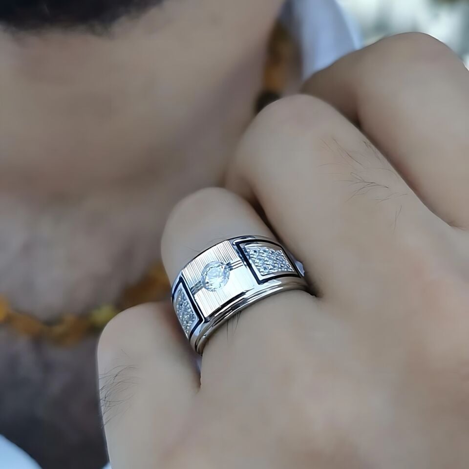 14 Ayar Özel Tasarım İtalyan Beyaz Altın Erkek Yüzük