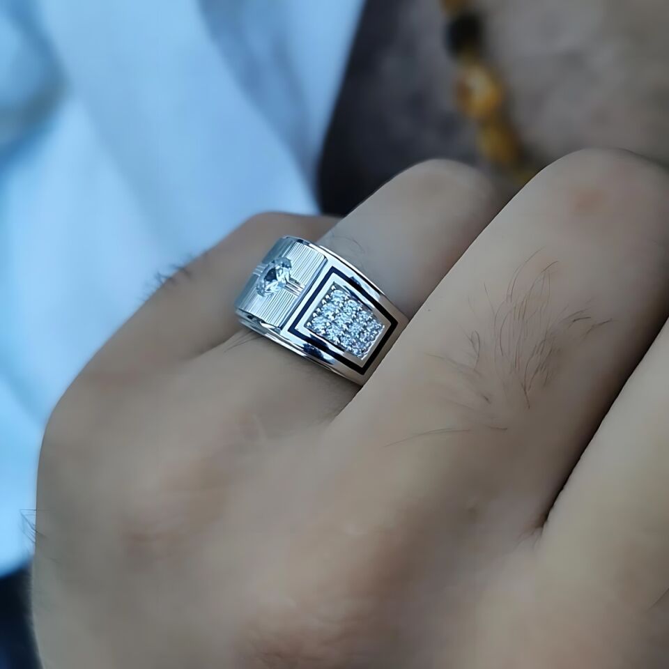 14 Ayar Özel Tasarım İtalyan Beyaz Altın Erkek Yüzük