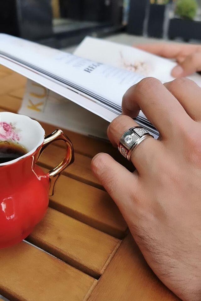 14 Ayar Özel Tasarım İtalyan Beyaz Altın Erkek Yüzük 24