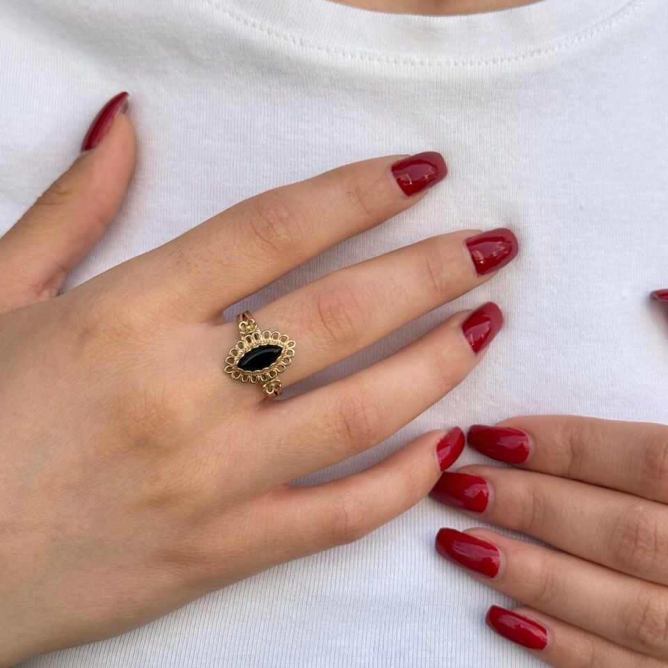 14 AYAR ÖZEL TASARIM SİYAH ONİKS TAŞLI ANTİK YÜZÜK