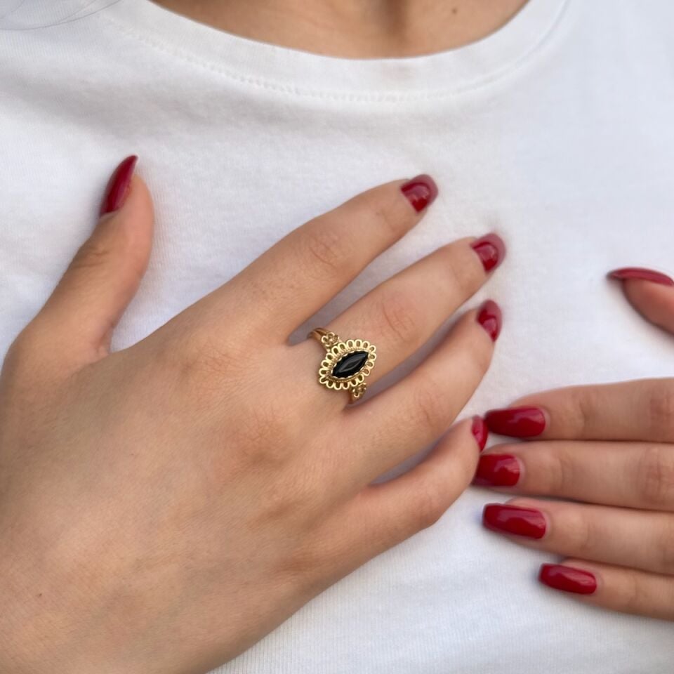 14 AYAR ÖZEL TASARIM SİYAH ONİKS TAŞLI ANTİK YÜZÜK