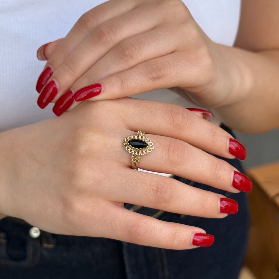 14 AYAR ÖZEL TASARIM SİYAH ONİKS TAŞLI ANTİK YÜZÜK