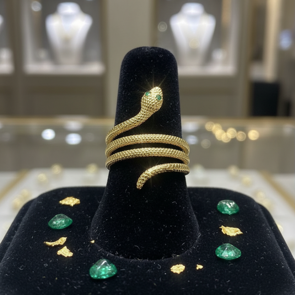 14 AYAR ÖZEL TASARIM GÖZÜ YEŞİL TAŞLI YILAN ALTIN YÜZÜK