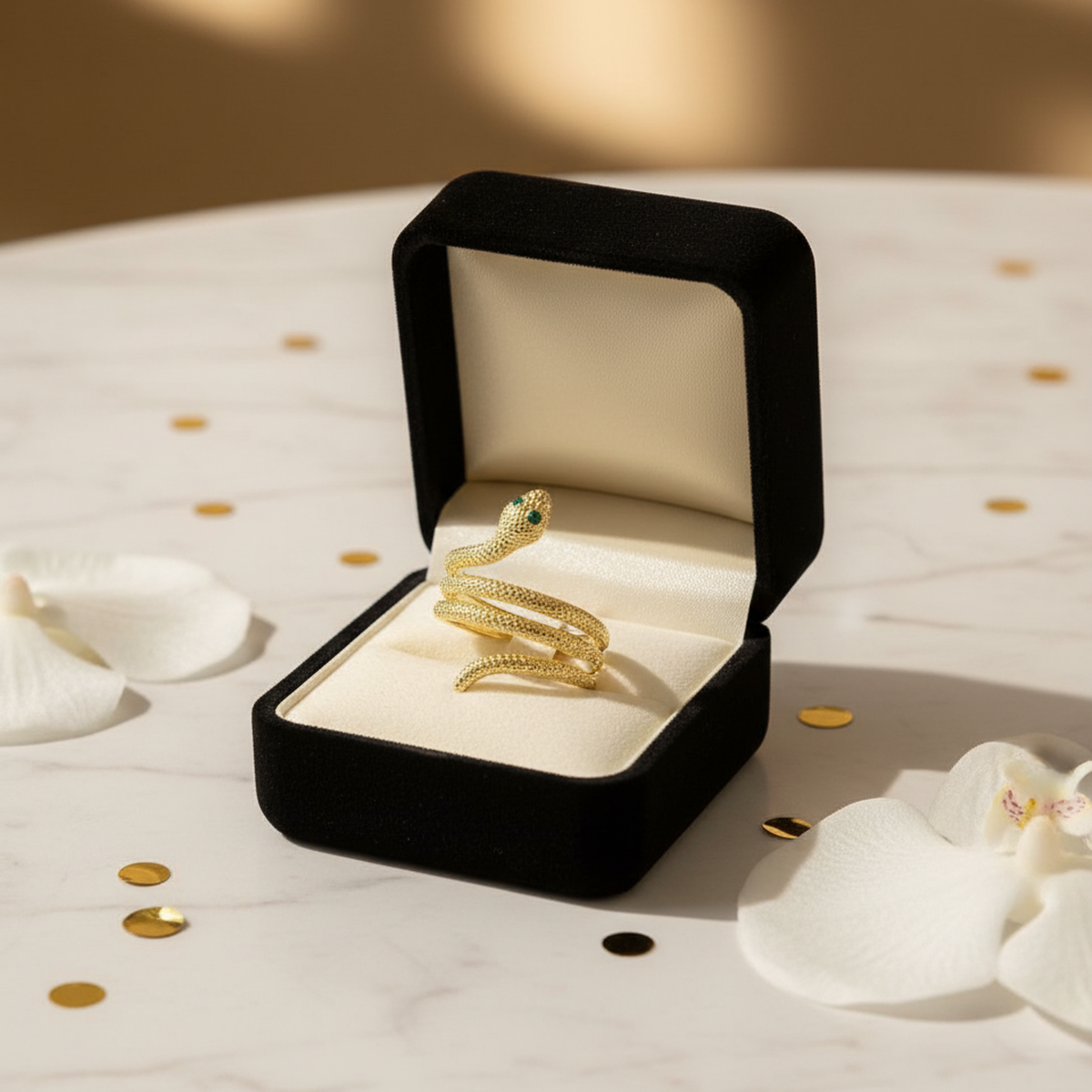 14 AYAR ÖZEL TASARIM GÖZÜ YEŞİL TAŞLI YILAN ALTIN YÜZÜK