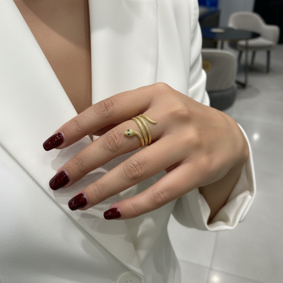 14 AYAR ÖZEL TASARIM GÖZÜ YEŞİL TAŞLI YILAN ALTIN YÜZÜK