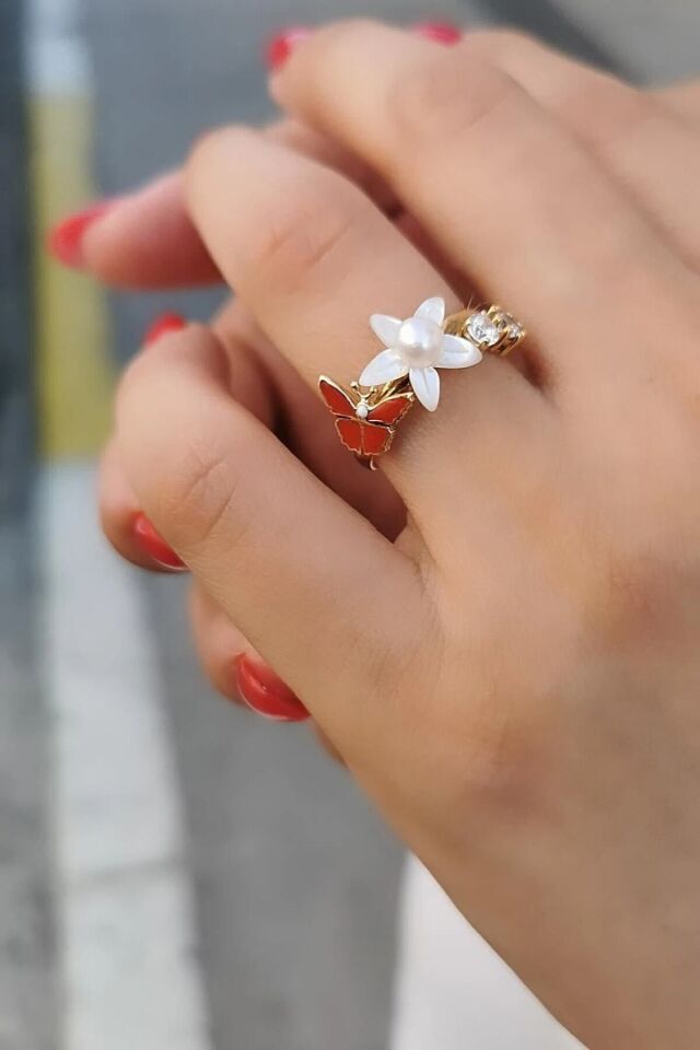 14 Ayar Mineli Ve Sedefli Incili Tasarım Altın Yüzük 16