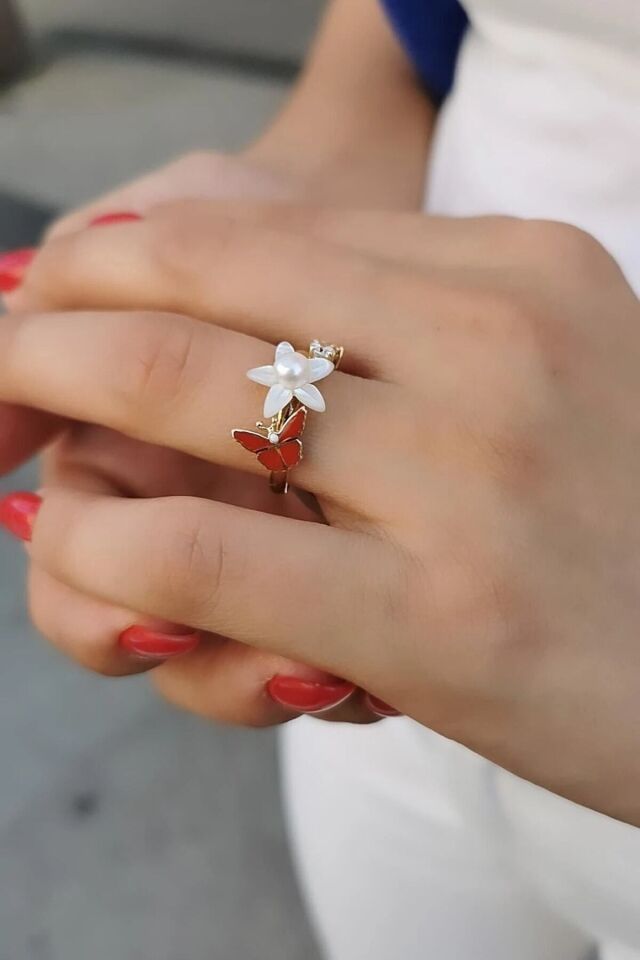 14 Ayar Mineli Ve Sedefli Incili Tasarım Altın Yüzük 16