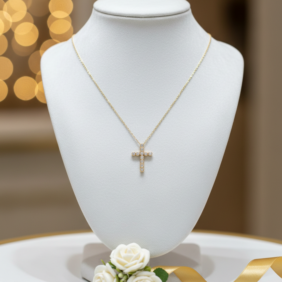 14 AYAR 0,22 CT PIRLANTA TAŞLI CROSS HAÇ KOLYE