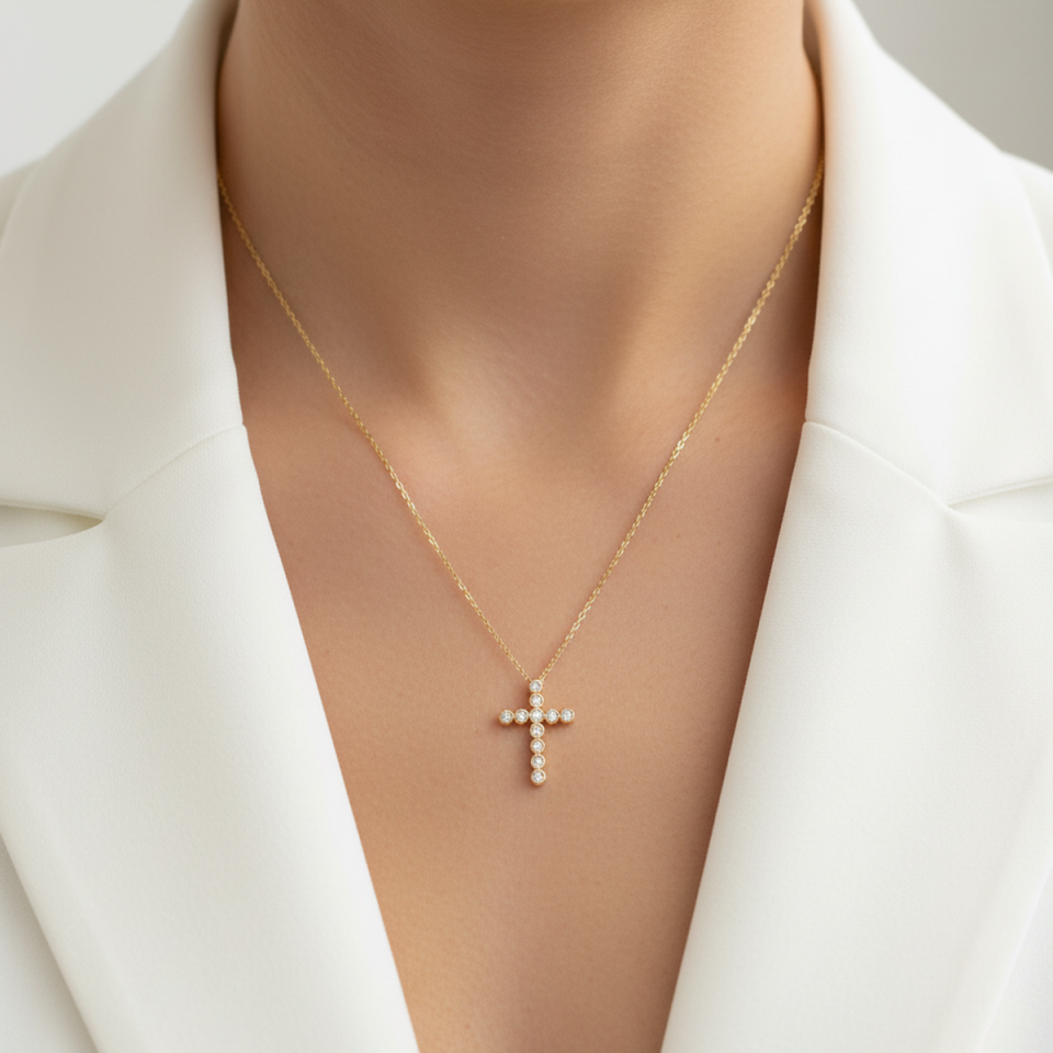 14 AYAR 0,22 CT PIRLANTA TAŞLI CROSS HAÇ KOLYE