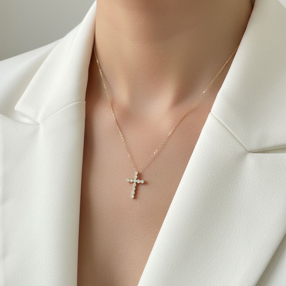 14 AYAR 0,22 CT PIRLANTA TAŞLI CROSS HAÇ KOLYE