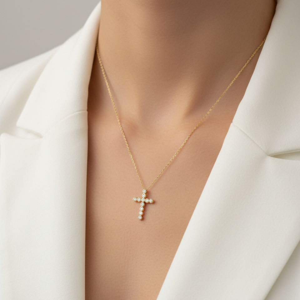 14 AYAR 0,22 CT PIRLANTA TAŞLI CROSS HAÇ KOLYE