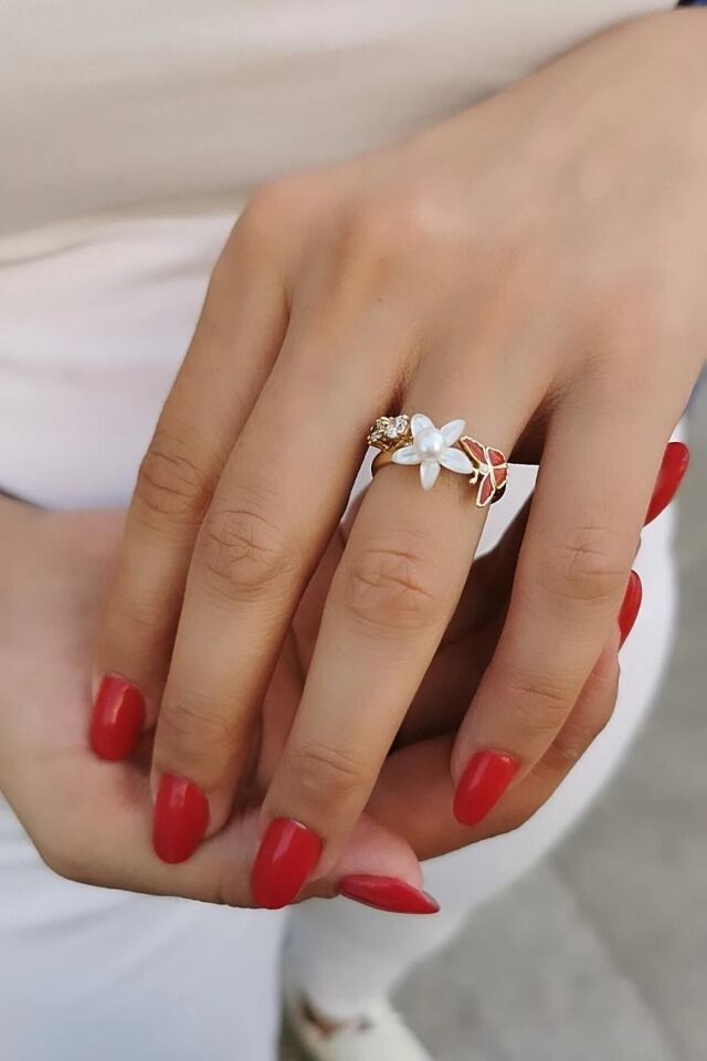 14 Ayar Mineli Ve Sedefli Incili Tasarım Altın Yüzük 17