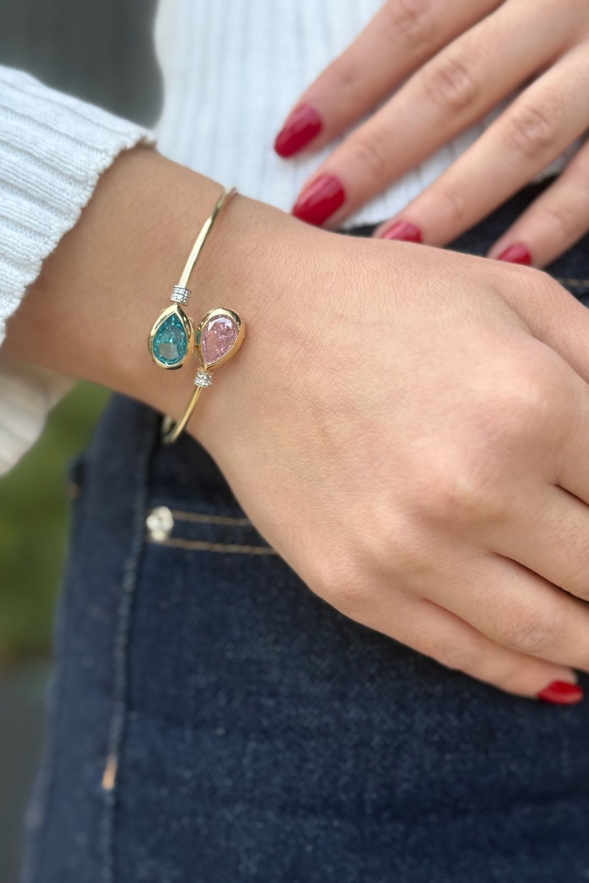 14 AYAR ELİŞİ PİNK KUVARS VE AQUAMARİN TAŞLI ÖZEL TASARIM ALTIN BİLEZİK