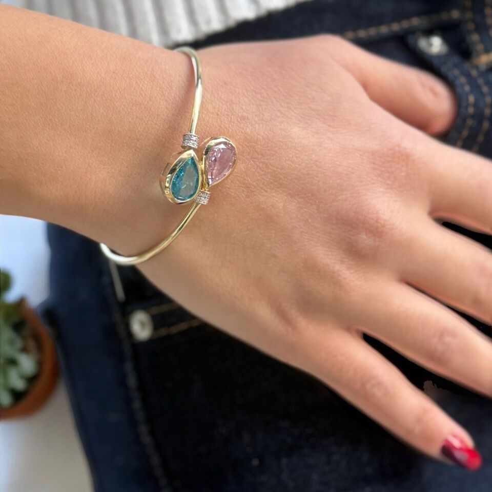 14 AYAR ELİŞİ PİNK KUVARS VE AQUAMARİN TAŞLI ÖZEL TASARIM ALTIN BİLEZİK