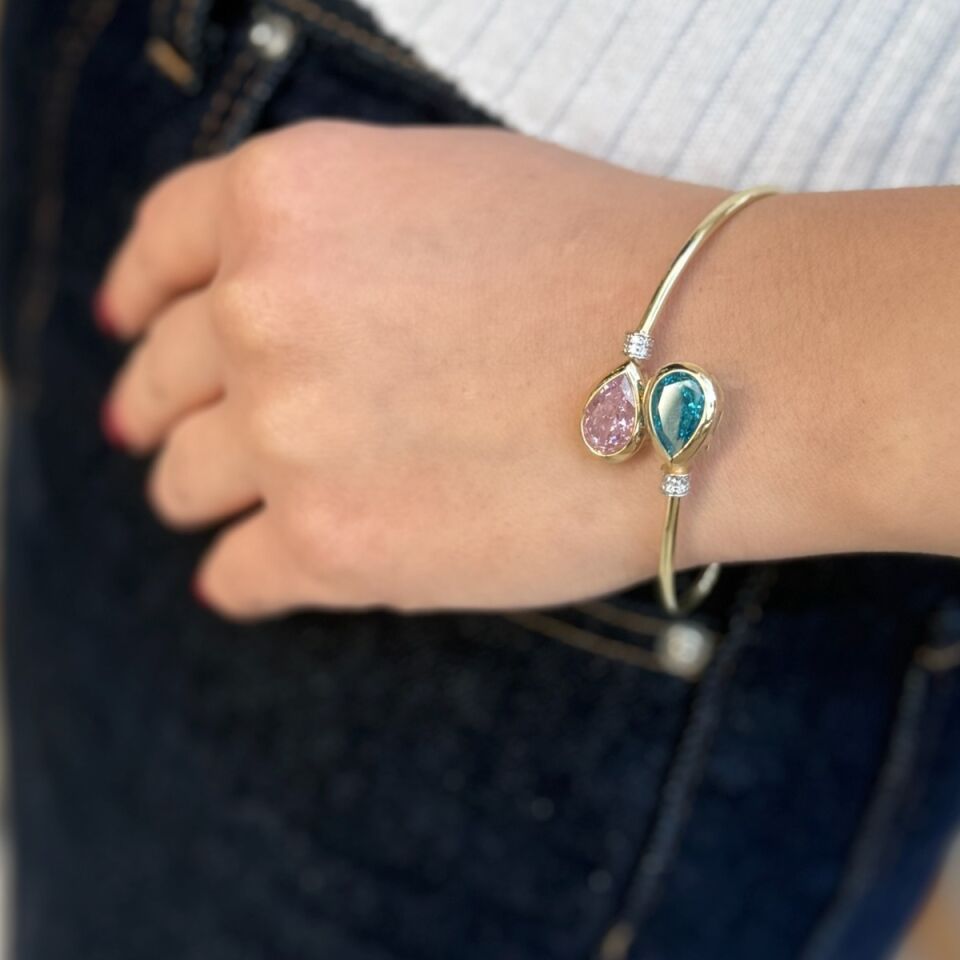 14 AYAR ELİŞİ PİNK KUVARS VE AQUAMARİN TAŞLI ÖZEL TASARIM ALTIN BİLEZİK