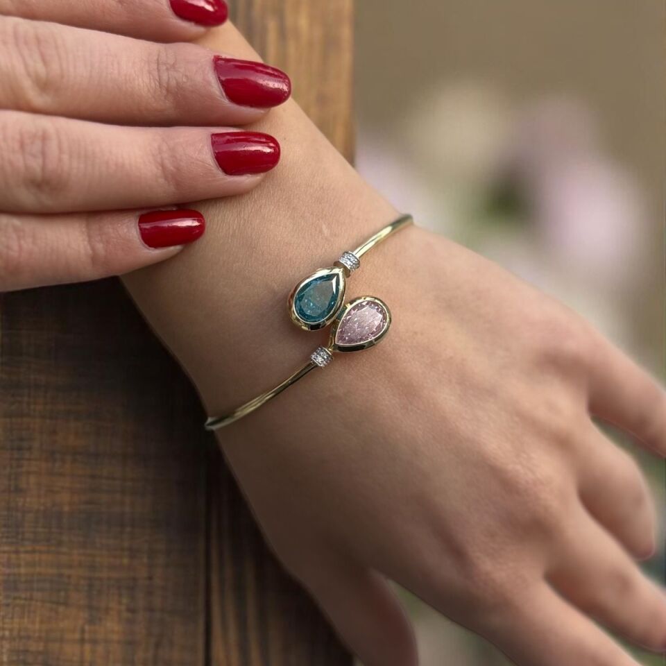 14 AYAR ELİŞİ PİNK KUVARS VE AQUAMARİN TAŞLI ÖZEL TASARIM ALTIN BİLEZİK