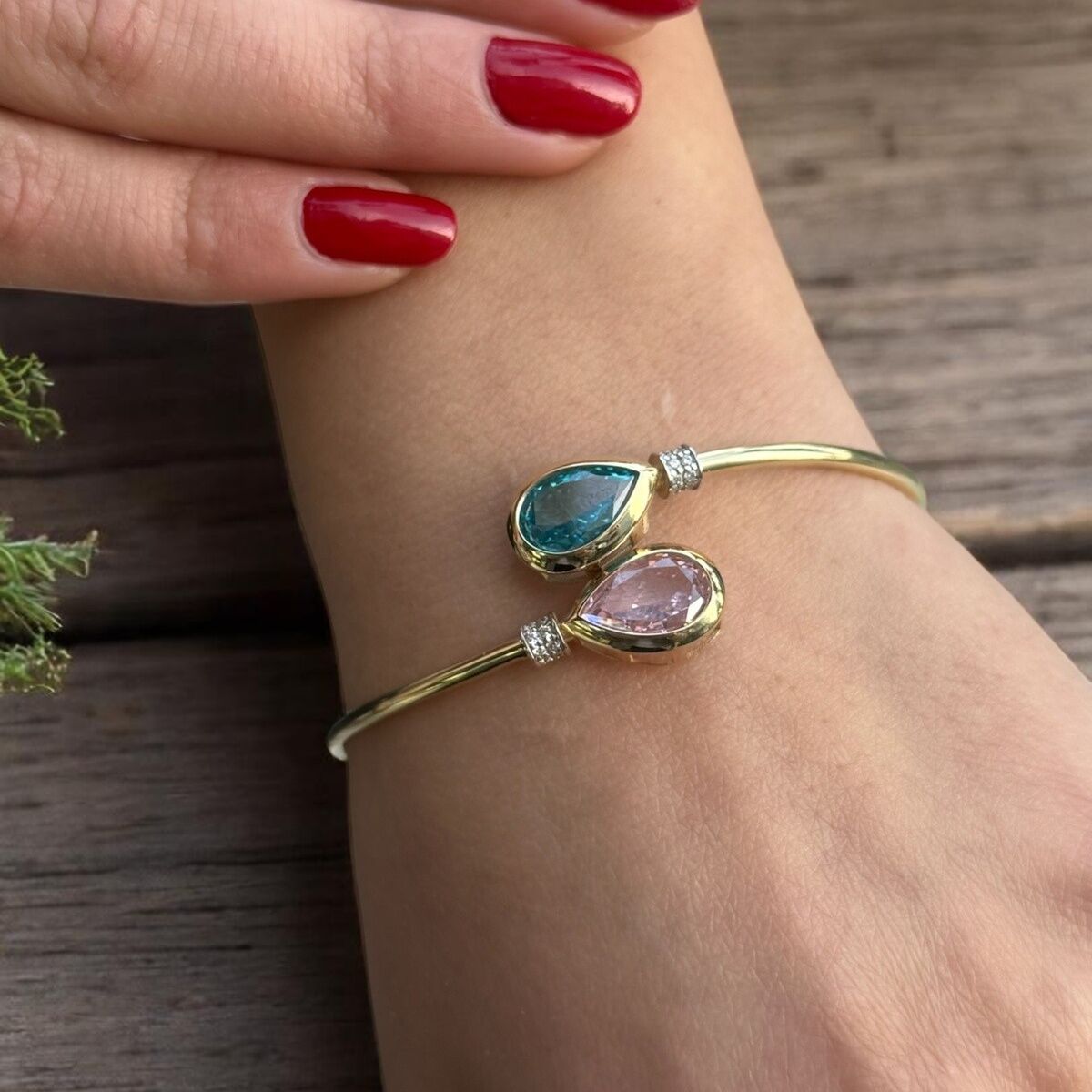 14 AYAR ELİŞİ PİNK KUVARS VE AQUAMARİN TAŞLI ÖZEL TASARIM ALTIN BİLEZİK