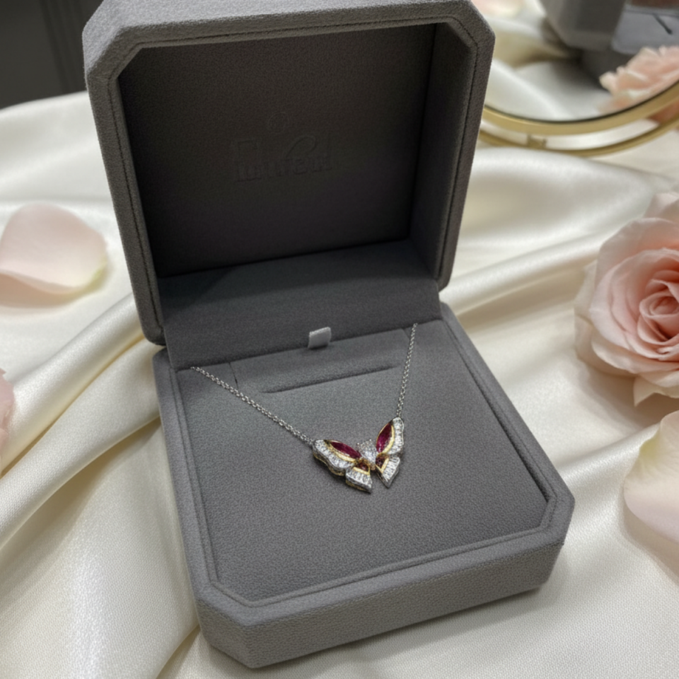 18 AYAR 0,36 CT PIRLANTA TAŞLI 0,56 CT YAKUT TAŞLI KELEBEK KOLYE