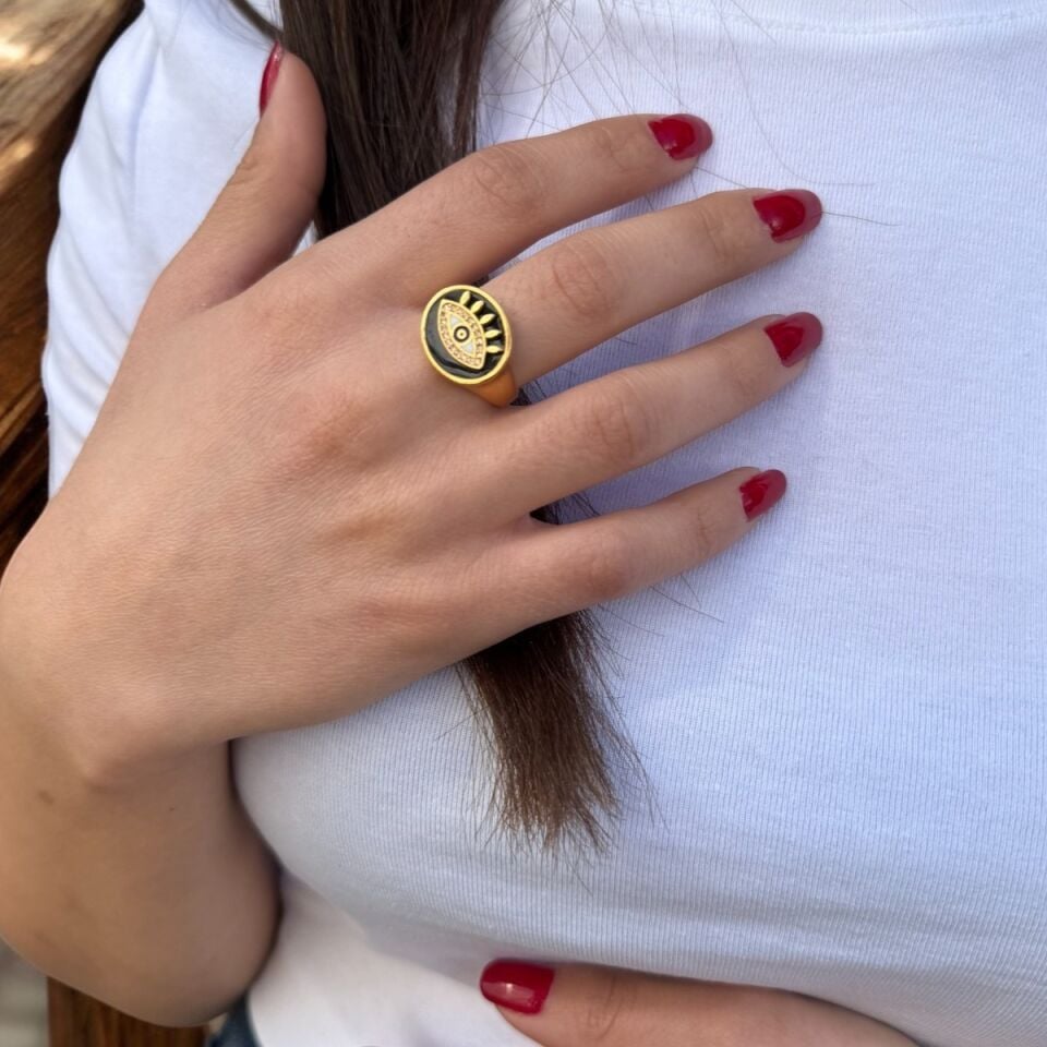 22 AYAR ÖZEL TASARIM SİYAH MİNELİ GÖZ YÜZÜK