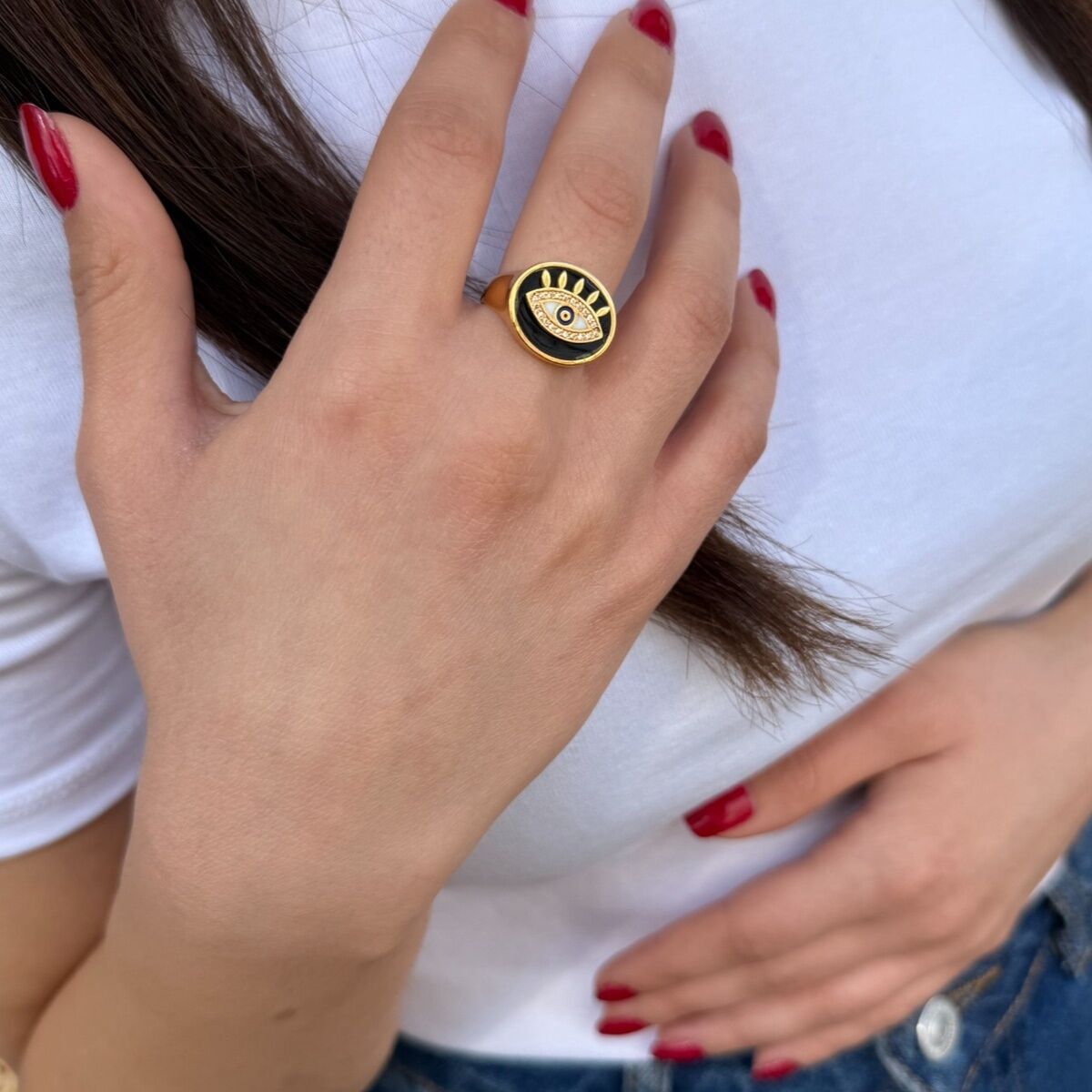 22 AYAR ÖZEL TASARIM SİYAH MİNELİ GÖZ YÜZÜK