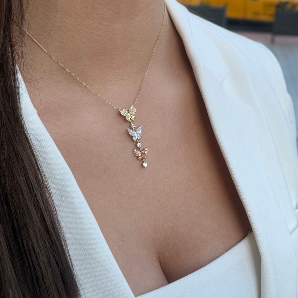 14 AYAR ÜÇ KELEBEK TASARIM ALTIN KOLYE